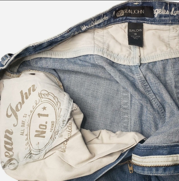 Y2K Sean John Relaxed Fit Distressed Light Wash Patchwork Denim Jeans size 36×32 - Picture 2 of 7